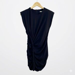 Ronny Kobo Black Braided Ruched Padded Shoulder Mini Dress Size M Stretch